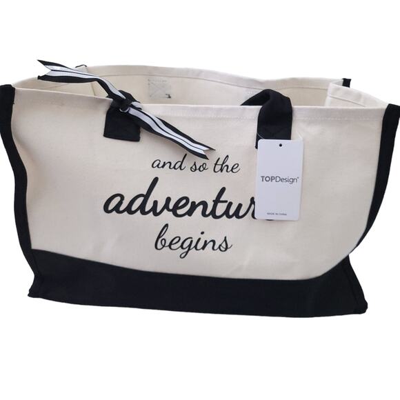 NEW And So the Adventure Begins Canvas Tote Bag Black Cream 17.5"x10.5"x7" - Picture 1 of 2